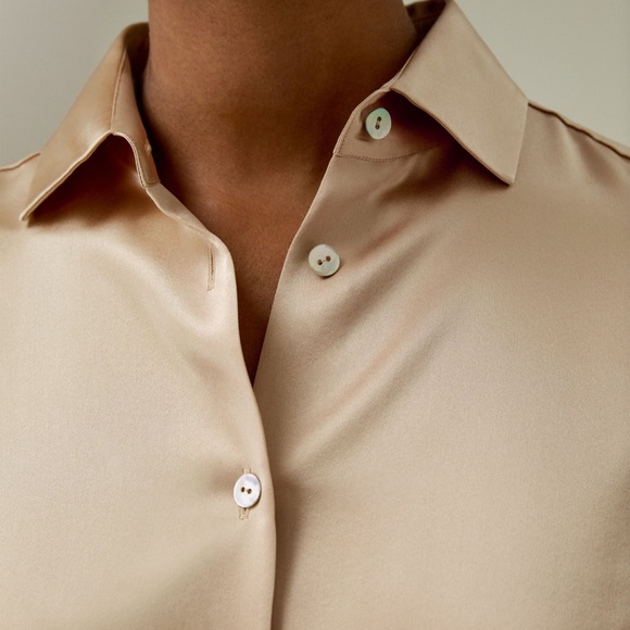 Spread Collar Silk Shirt- Light Camel - Picture 4 of 4